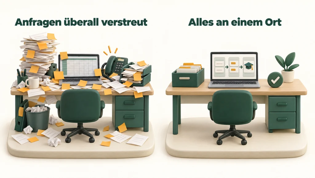 3D-Illustration in zwei Szenen: links ein Schreibtisch voller Zettel, Akten und Haftnotizen unter der Überschrift „Anfragen überall verstreut“, rechts ein aufgeräumter Schreibtisch mit einer Pipeline auf dem Laptop unter „Alles an einem Ort“