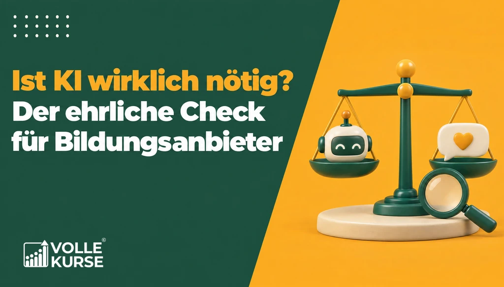 Illustration: Waage mit einem Roboterkopf auf der einen und einer Sprechblase mit Herz auf der anderen Seite, daneben eine Lupe