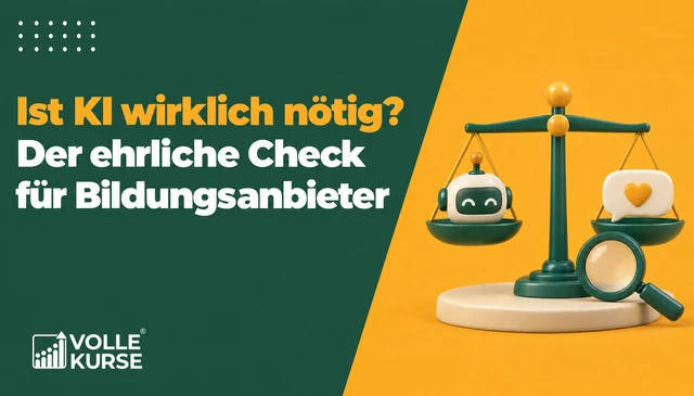 Illustration: Waage mit einem Roboterkopf auf der einen und einer Sprechblase mit Herz auf der anderen Seite, daneben eine Lupe