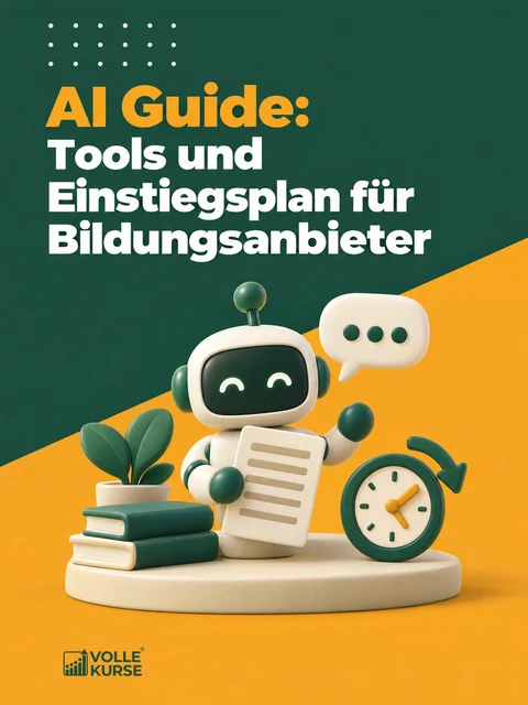 Illustration: freundlicher Roboterkopf, Sprechblase, Dokument und eine Uhr mit Pfeil für gesparte Zeit