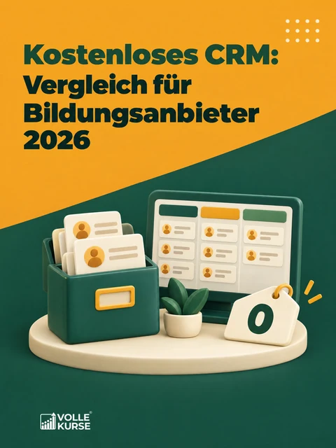 Illustration: Karteikasten mit Kontaktkarten, daneben ein Bildschirm mit einer Pipeline aus drei Spalten und ein Preisschild mit einer Null