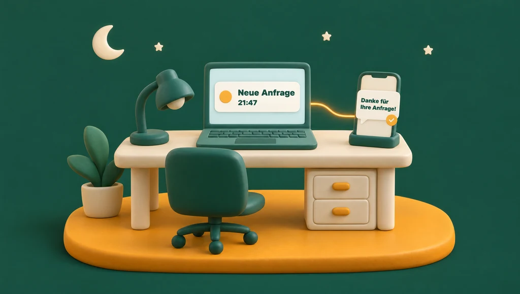 3D-Illustration eines Schreibtischs am späten Abend mit Mond und Sternen: Der Stuhl ist leer, auf dem Laptop steht „Neue Anfrage, 21:47“, auf dem Smartphone daneben eine automatisch gesendete Nachricht „Danke für Ihre Anfrage!“