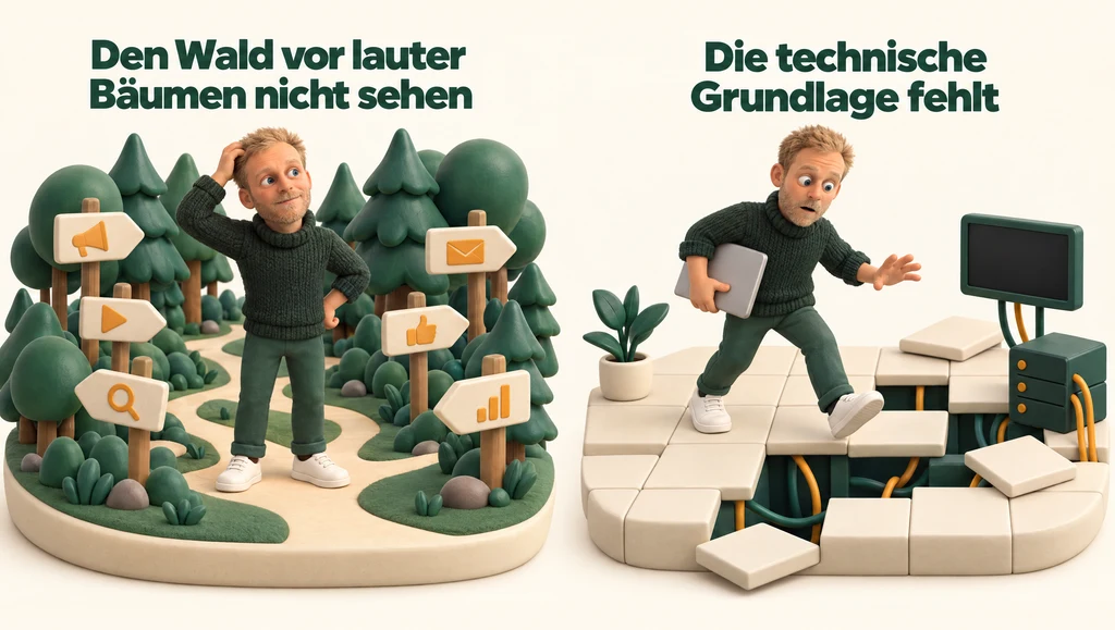 3D-Illustration in zwei Szenen: Raphael Schubert steht ratlos in einem Wald aus Wegweisern mit Marketing-Symbolen; daneben tritt er auf einen Boden, dem mehrere Platten fehlen, darunter hängen lose Kabel