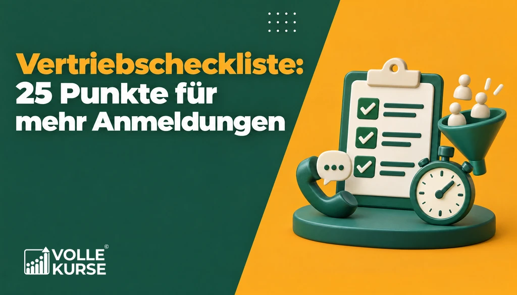 Illustration: Klemmbrett mit abgehakter Checkliste, Stoppuhr, Telefonhörer und ein Trichter mit Figuren