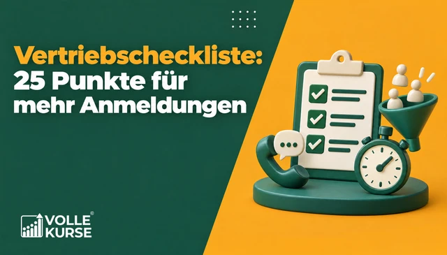 Illustration: Klemmbrett mit abgehakter Checkliste, Stoppuhr, Telefonhörer und ein Trichter mit Figuren