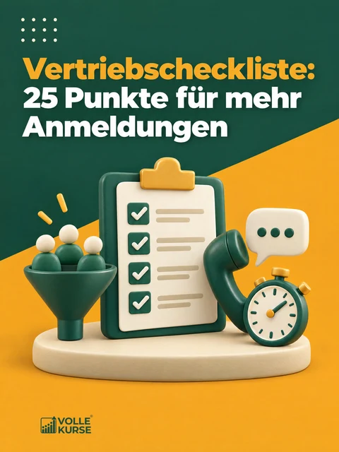 Illustration: Klemmbrett mit abgehakter Checkliste, Stoppuhr, Telefonhörer und ein Trichter mit Figuren